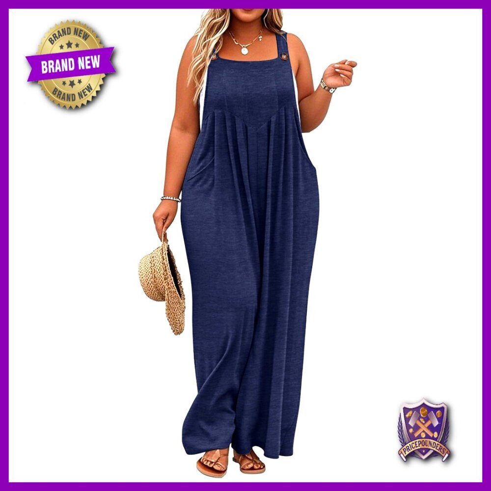 Plus Size Wide Leg Jumpsuit Overalls Adjustable Straps Pockets Summer Romper